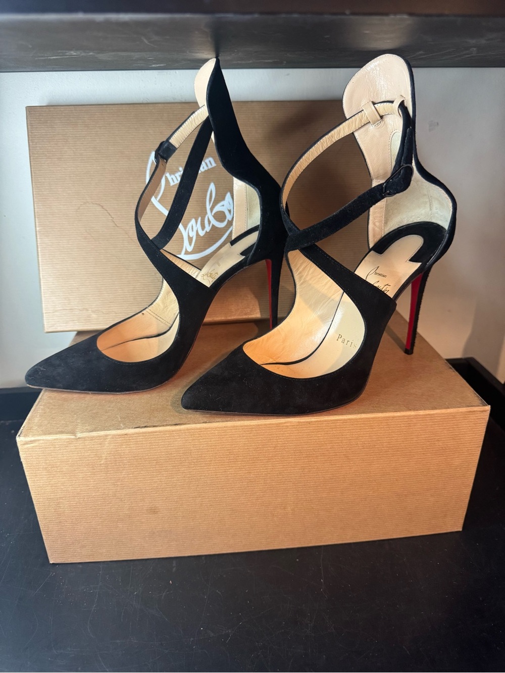 Christian Louboutin MarlenaRock Black Suede Strappy Pointed-Toe Stiletto Pumps